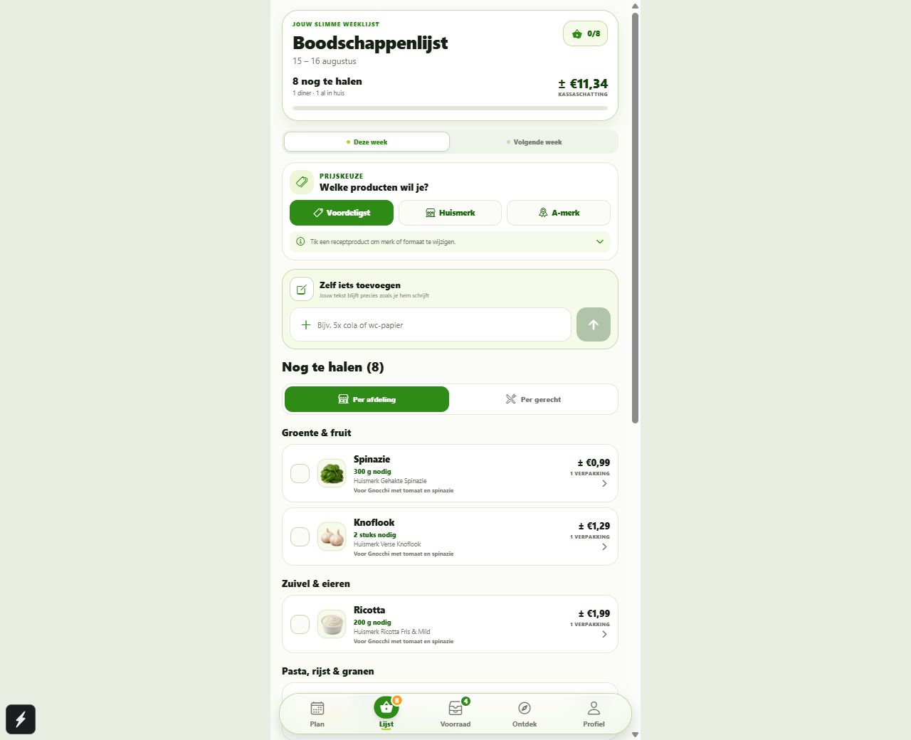 Sophies gevulde boodschappenlijst met acht producten in Chowzi Pro