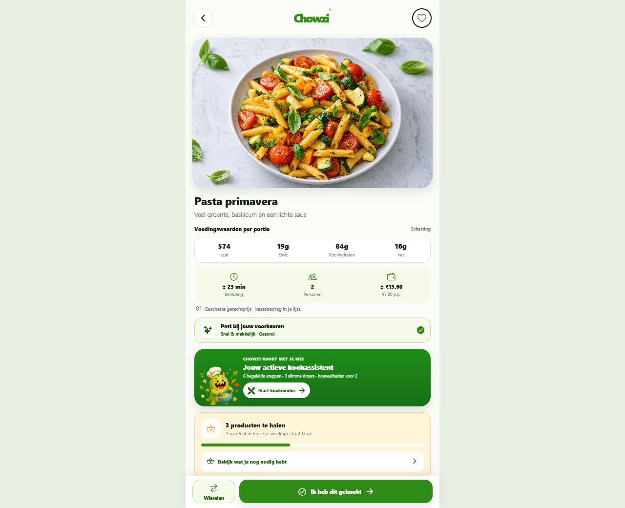 Een volledig recept met boodschappenstatus en kookmodus in Chowzi Pro